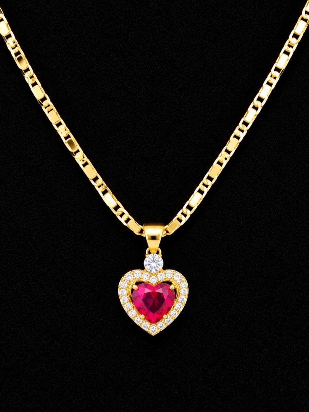 Gold Heart Pendant Necklace with Ruby Red Crystal